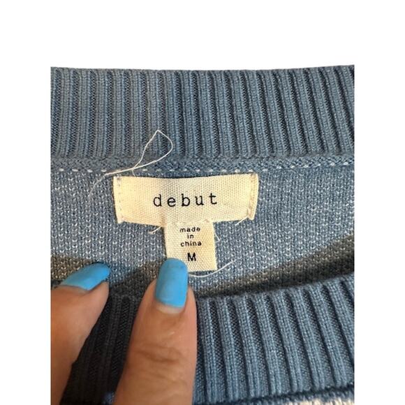 Debut Blue White Smiley Long Sleeve Crew Neck Cropped Knt Sweater Women Sz M - Picture 7 of 8